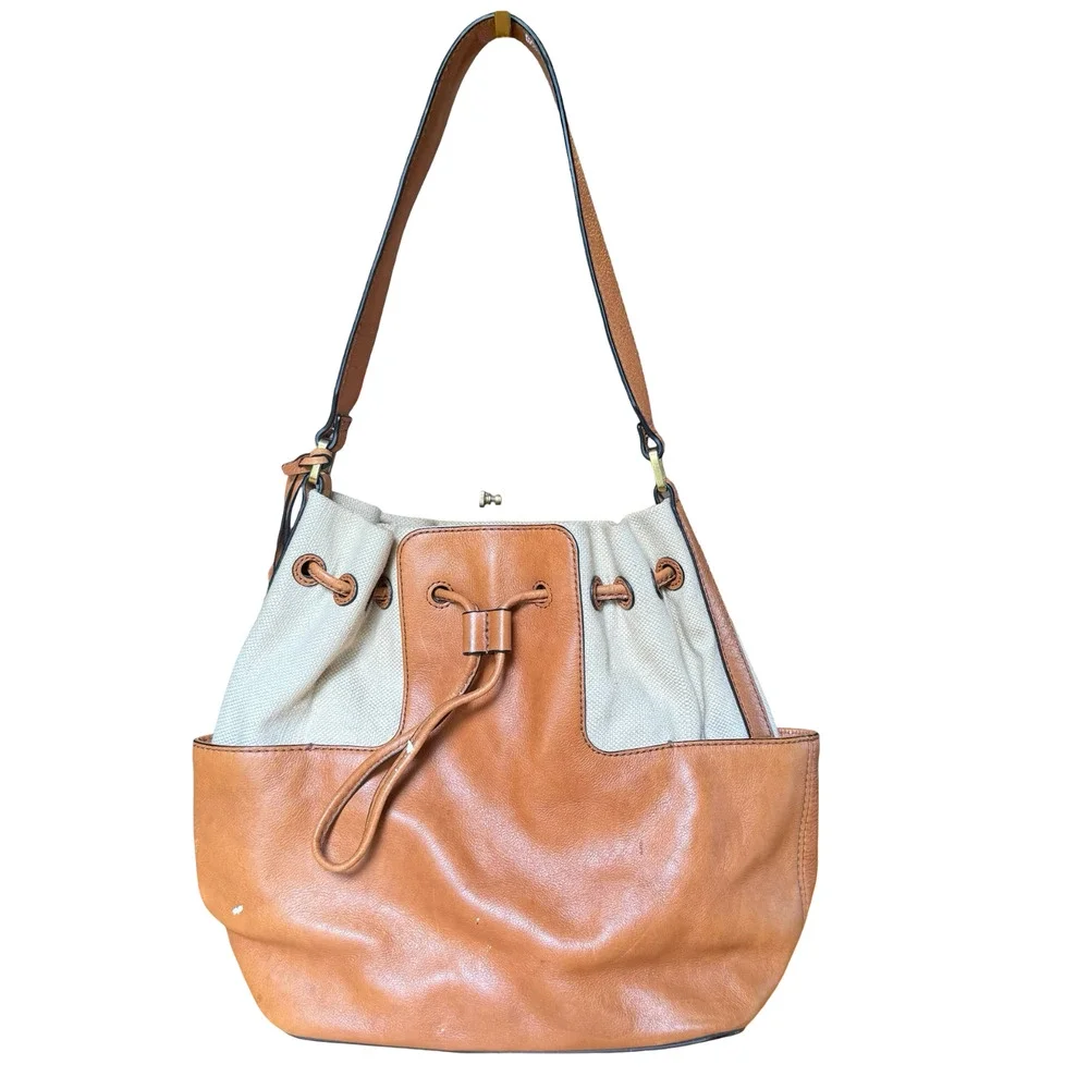 Fossil Leather & Canvas Tan Handbag Shoulder Bag Drawstring Bucket Purse 13x11x6
